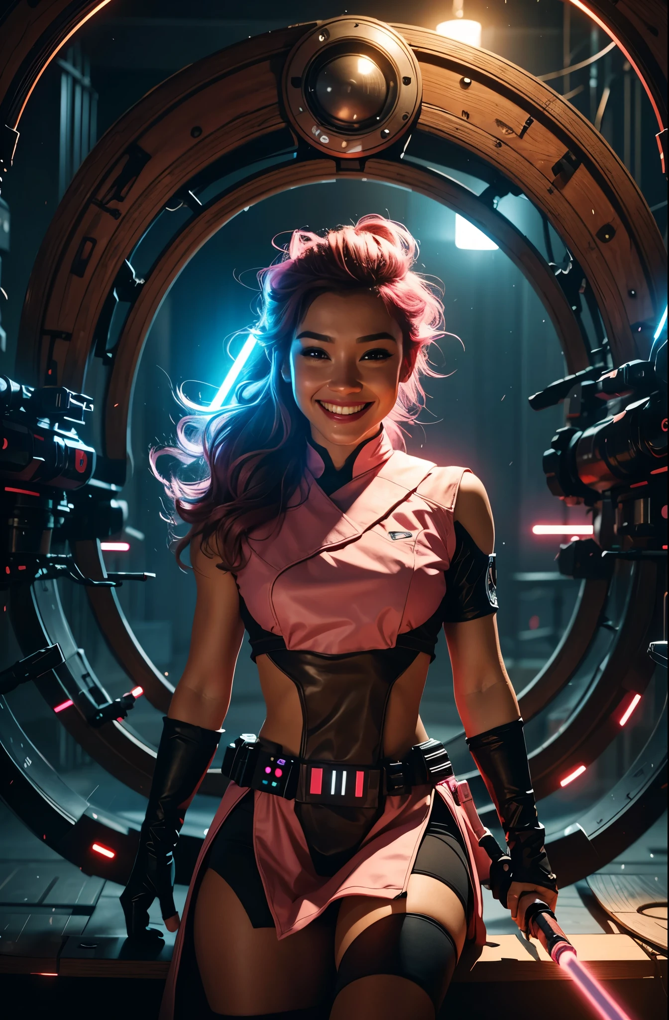 pink, volumetric lighting, good lighting on face, detail eyes, poster theme art, smile, 8k cinematic, holding light saber