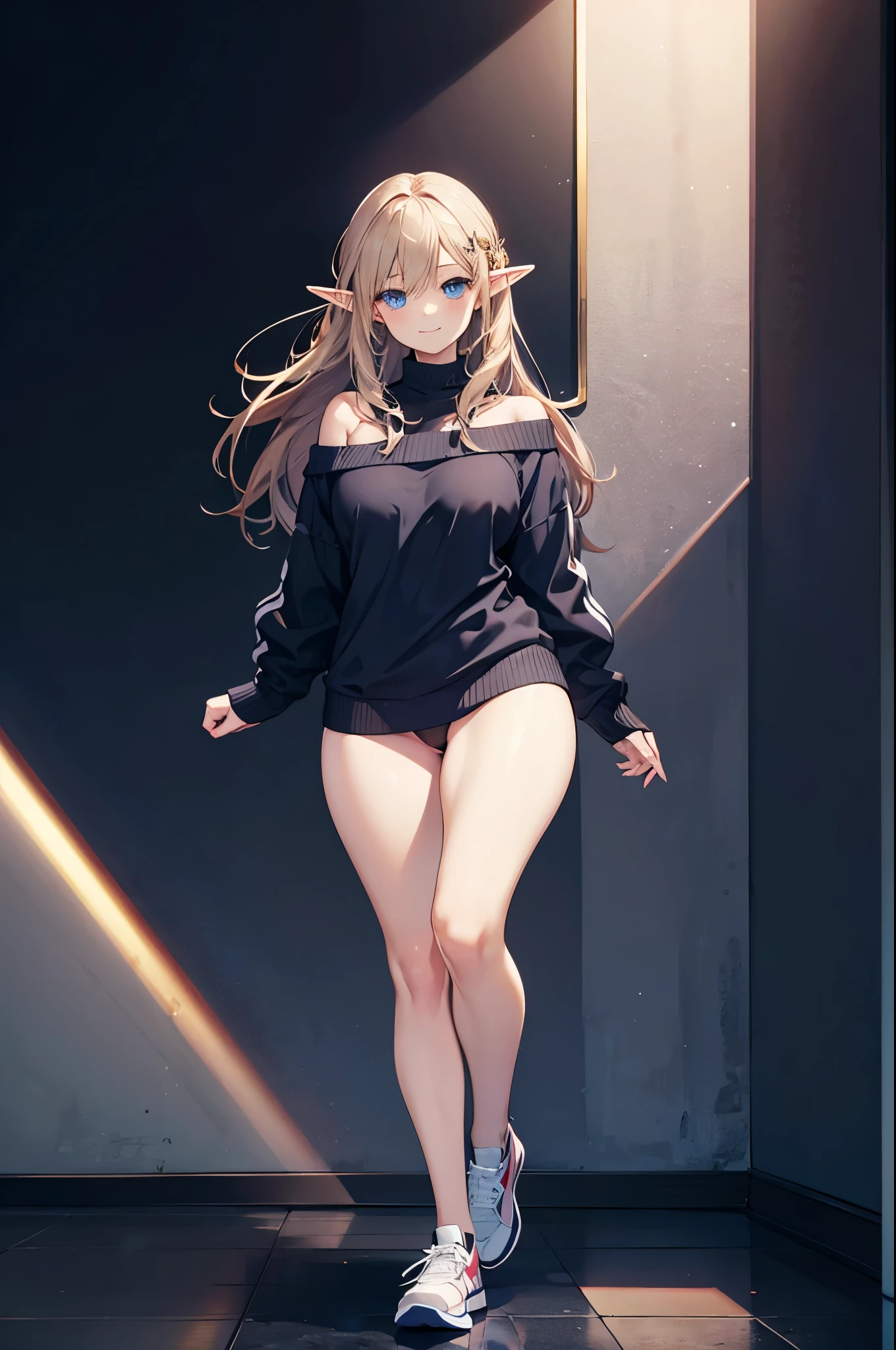 Detail image, realistic image, 1 elf. smiling. She has medium long brown hair which has strands of hair hanging over the right side of her face, large blue eyes and a delicate oval face, small breasts and a slim, curvy figure. She is wearing a navy off-shoulder sweater, thin thong. sneakers. Full body view. Black background, Uniform background. Ambient light. Volumetric Light