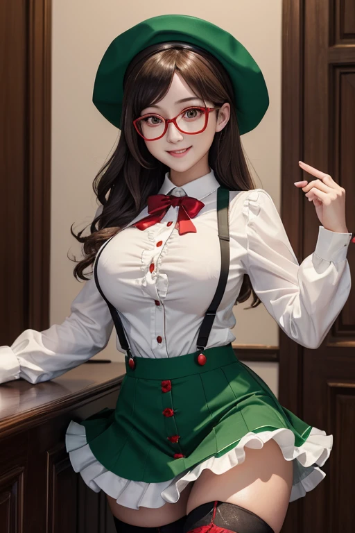 ((masutepiece, Best Quality)), Aston Machan (Umamusume),, Smile, Large breasts, Upper body, , Long sleeves, White shirt, frilld, Green skirt, button, black thighhighs, suspender, , bespectacled, Red-framed eyewear, Red Hat Crown, , Crazy eyes, radiant eyes, , --auto