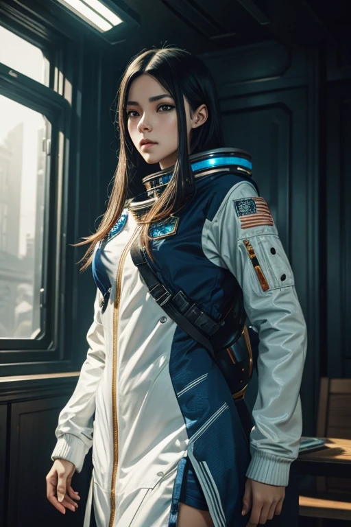 woman 25 years beautiful astronaut 1950 , deep blue eyes, clothes in orange color details in metallic white, cinematic, photo shoot, half backlight, backlight, dramatic lighting , Incandescent, Soft lighting, insanely detailed and intricate, hyper maximalist, arte no estilo de guweiz, elegant pose, dynamic, photography, volumetric , ultra detailed, intricate detail, super detailed obra-prima de guweiz, futuristic environment