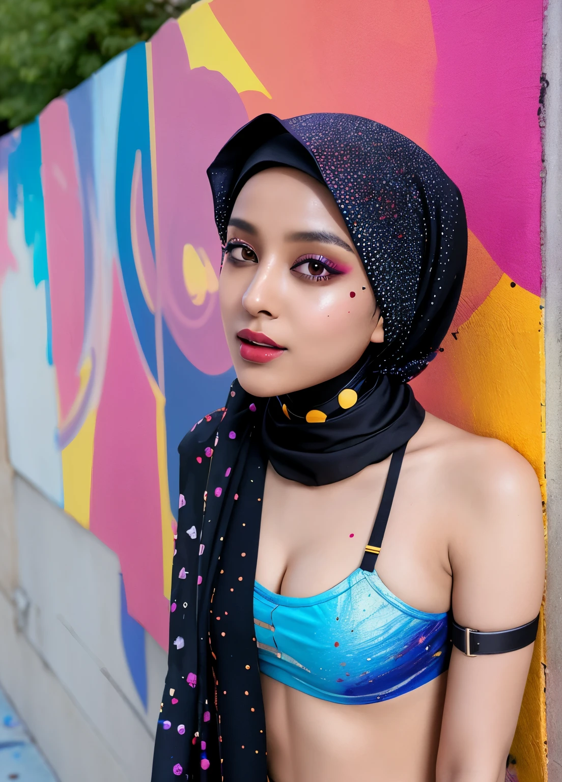 sexy, dark skinned hijabi, masterpiece, best quality, 1girl, solo, choker, paint splatter, against wall, looking at viewer, armband, thigh strap, paint on body, head tilt, multicolored hair