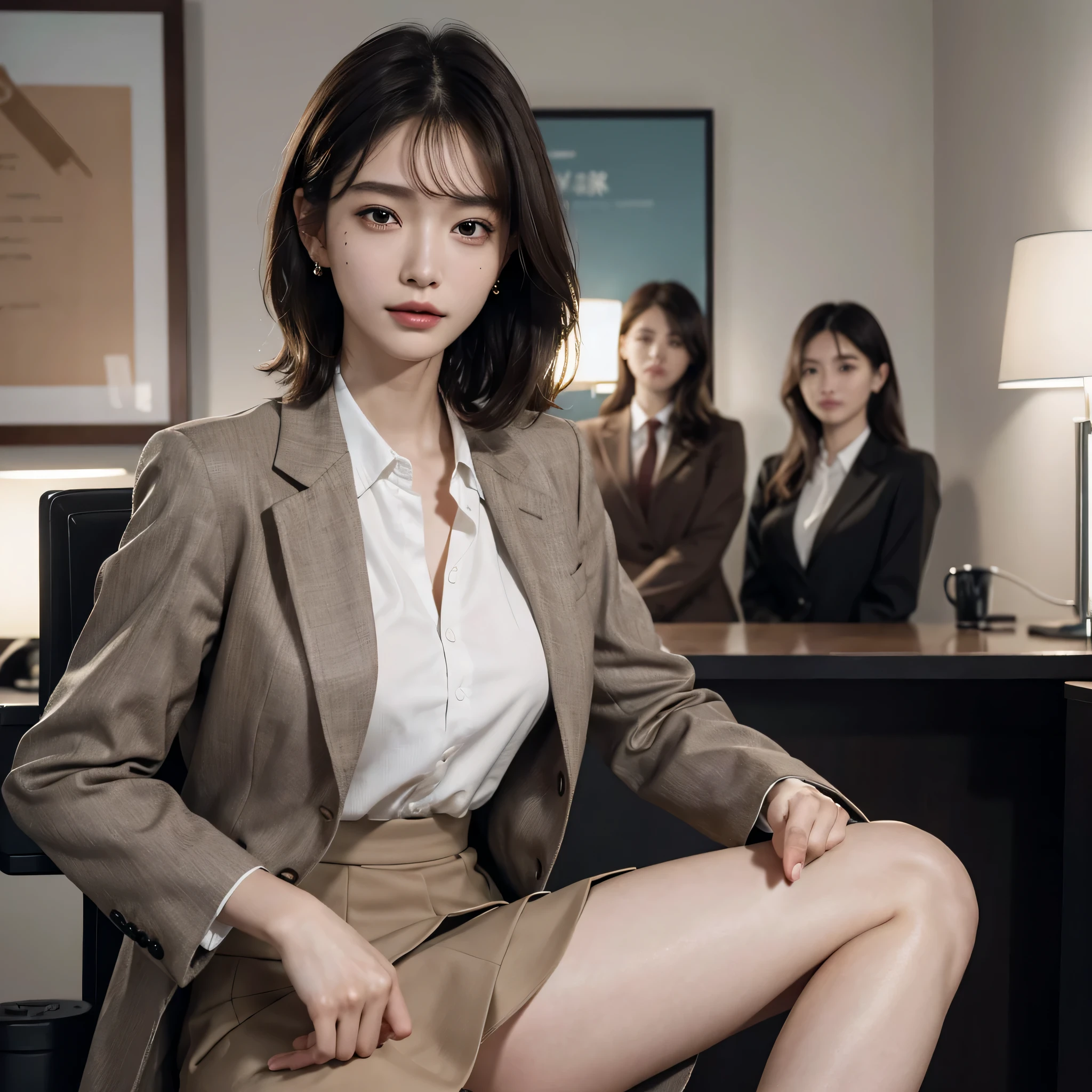 absurderes, Raw photo, Extremely delicate and beautiful, masutepiece, Best Quality, Ultra High Resolution, 16 K, hyper realisitic, Ultra-detailed, Perfect Anatomy, Ultra-detailed細なスキン, Perfect figure, Very detailed CG 8k wallpaper, in her 20s, Very slim body, Narrow waist, Very small head, Very small face, Very detailed face, Very detailed eyes, tear moles, Earring, thin legs, ((very massive round chest)), (((3 girls))), Full body shot, Bare legs, Short hair, Wavy Hair, light brown hair, (Office Lady Suit, Skirt suit, Suit jacket, dress shirts),