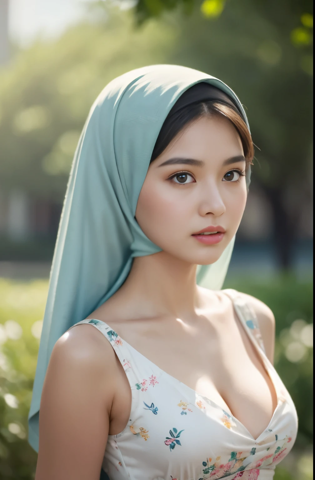 (Close-up of the painting style,Ultra HD 8K,Masterpiece grade CG wallpaper),Cinematic lighting,cute girly,Delicate and beautiful face,Dreamy pupils,Wearing a small floral short summerdresound waist,hijabi,Bust poem,Sit,Cloudy background,the trees,florals,夏天,Chinese style buildings, cleavage, magical