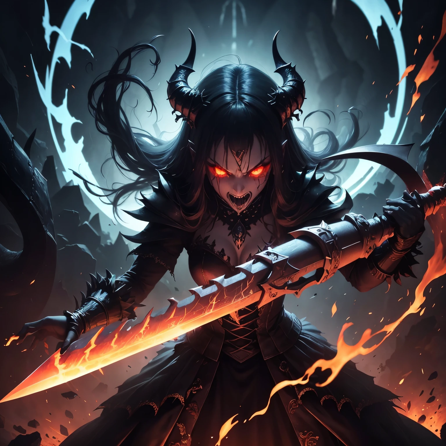 Bestial demon wields a sinister blade, correntes ensanguentadas, ossos Behemoth, Serpentine tentacles, cruel teeth, expression of insanity, oppressive dungeon. 8k vision reveals horrors, detalhes ultra HD mostram a monstruosidade, grotesque shadows dance, criaturas sussurram, atmosfera sufocante, tormento visual, visible insanity. The Blade, Glistening with flashes of malevolence, reflete (raios luminosos) that cross the darkness, desvendando (vivid details) and adding a dazzling dimension to the impending chaos.