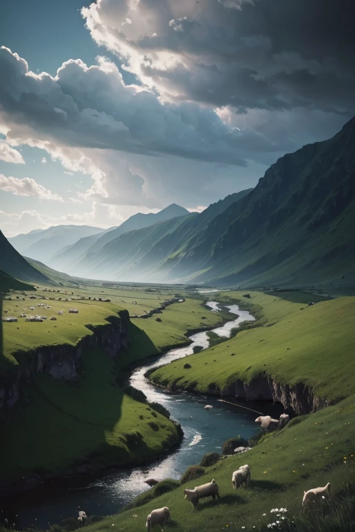 The shepherd leads the white flock to rest by the stream, near the vast green meadows, in the distance there is a valley of dark clouds, below the valley is the abyss, the abyss dark clouds, HD detail, hyper-detail, soft light, deep field focus bokeh, ray tracing.