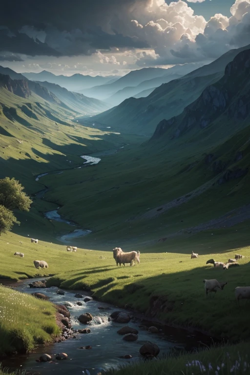 The shepherd leads the white flock to rest by the stream, near the vast green meadows, in the distance there is a valley of dark clouds, below the valley is the abyss, the abyss dark clouds, HD detail, hyper-detail, soft light, deep field focus bokeh, ray tracing.