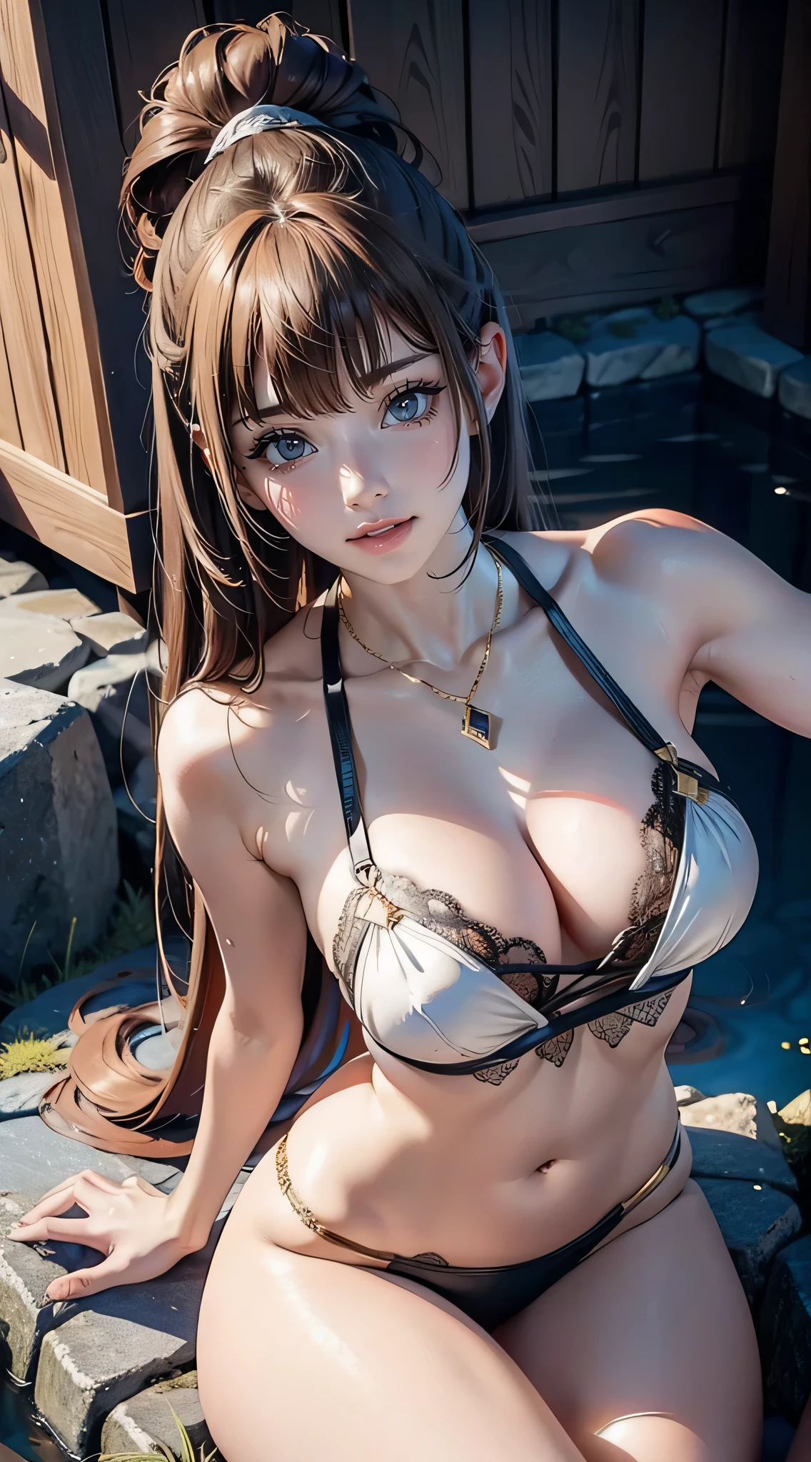 From  above,Over Head Shot,Onsen,(Lying),(on  back),1girl in,(Ultra detailed skin),Curve,Petite,Beautiful breasts,(Large breasts),pale skin,pointed breast,Erect nipples,(Fantasy Art,Highest image quality,Hyperrealist portrait,(8K),Ultra-realistic,Best Quality, High quality, High Definition, High quality texture,high detailing,Beautiful detailed,fine detailed,extremely details CG,Detailed texture,realistic representation of face,masutepiece,presence,Dynamic,Bold),Ponytail,(super thin hair),(ultra soft hair),(ultra straight hair:1.5),Swept long bangs,Extra bright coppery amber hair,Hair over one eye,Clothed,Baggy T-shirt,Swimsuit