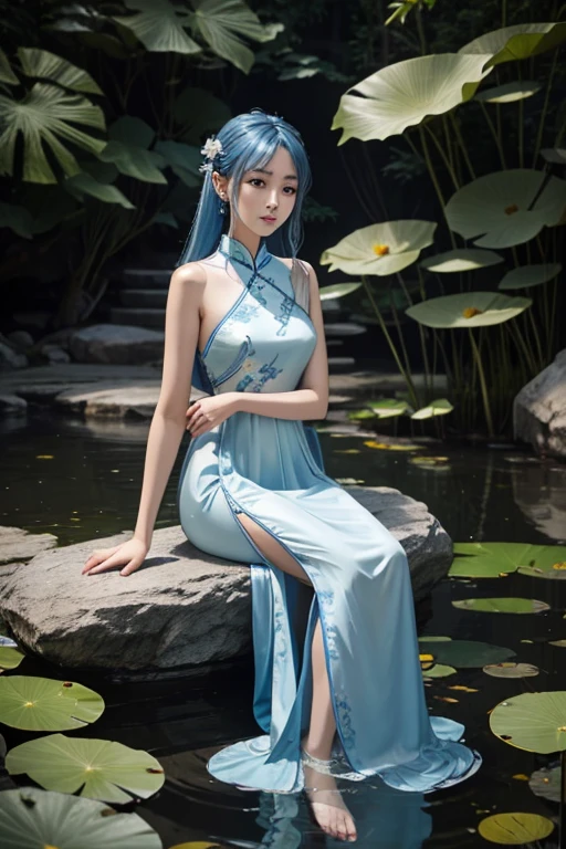 There is a blue dress, 16 long legs, a woman sitting on a rock in the water, standing elegantly on a lotus flower, ethereal beauty, wearing a blue cheongsam, court, a girl in Hanfu, wearing a blue cheongsam, full of fairy Xia, in the pond, white Hanfu, a stunning young ethereal figure, flowing dress, light blue, hair behind ear