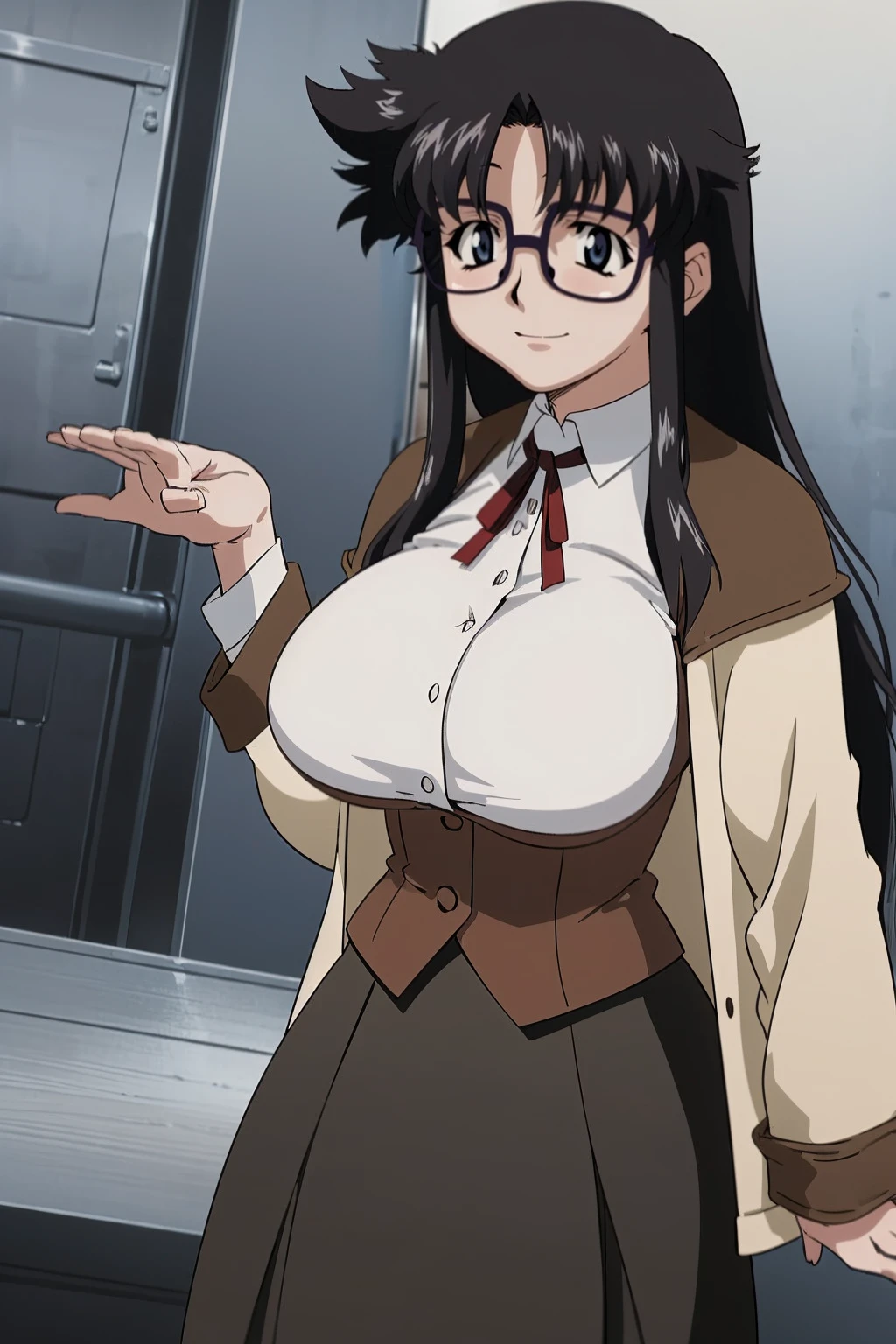 YR, 1girl, solo, upper body, portrait, sticker blush, smile, looking at viewer, glasses, long skirt, coat, vest, ribbon, long sleeves, messy hair, fine detail, perfect quality, good quality, masterpiece, HDR, UHD full body, refsheet, flipflops,  huge breast,