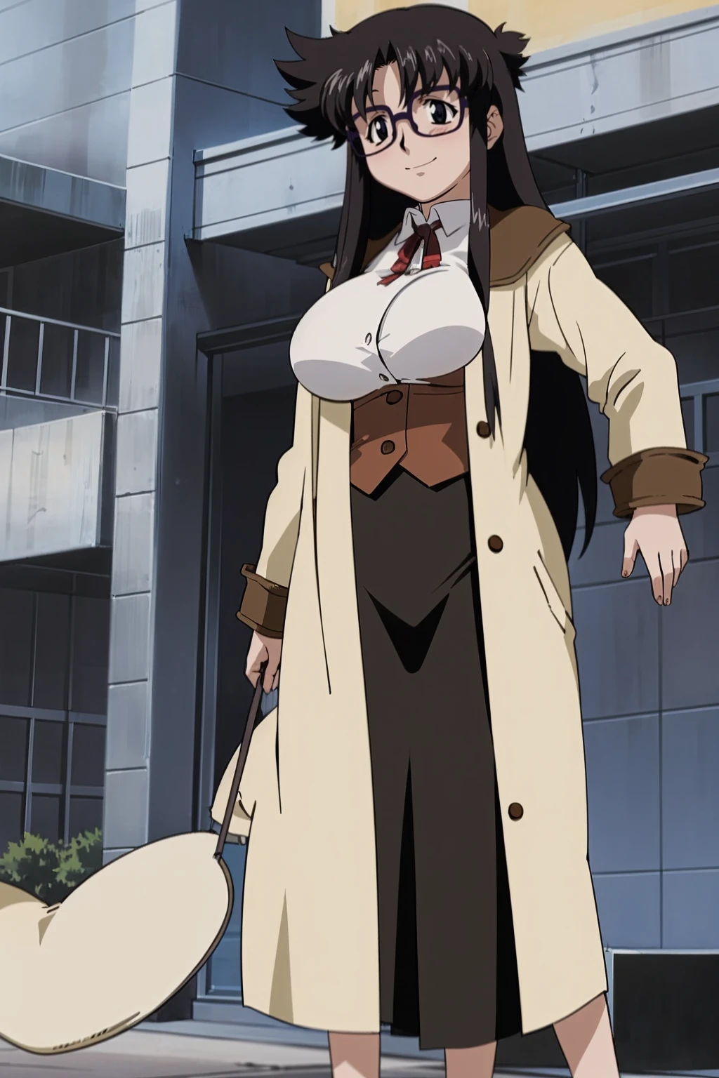 YR, 1girl, solo, upper body, portrait, sticker blush, smile, looking at viewer, glasses, long skirt, coat, vest, ribbon, long sleeves, messy hair, fine detail, perfect quality, good quality, masterpiece, HDR, UHD full body, refsheet, flipflops, huge breast,