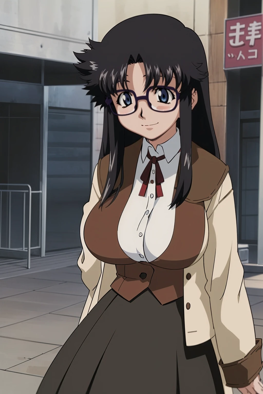 YR, 1girl, solo, upper body, portrait, sticker blush, smile, looking at viewer, glasses, long skirt, coat, vest, ribbon, long sleeves, messy hair, fine detail, perfect quality, good quality, masterpiece, HDR, UHD full body, refsheet, flipflops,  huge breast,