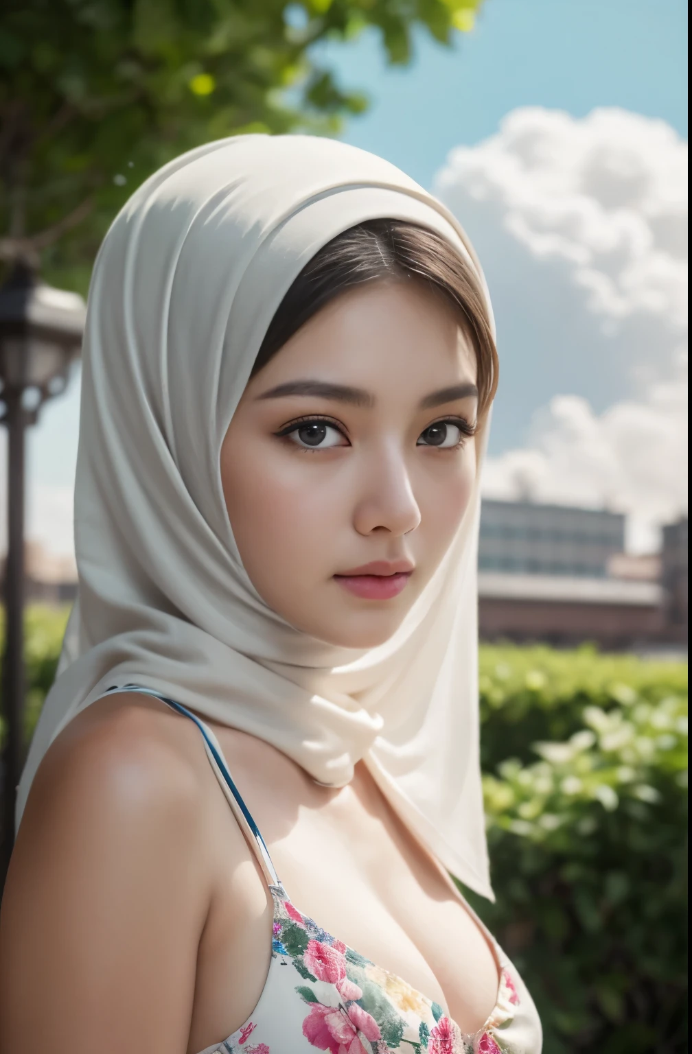 (Close-up of the painting style,Ultra HD 8K,Masterpiece grade CG wallpaper),Cinematic lighting,cute girly,Delicate and beautiful face,Dreamy pupils,Wearing a small floral short summerdresound waist,hijabi,Bust poem,Sit,Cloudy background,the trees,florals,夏天,Chinese style buildings, cleavage, magical