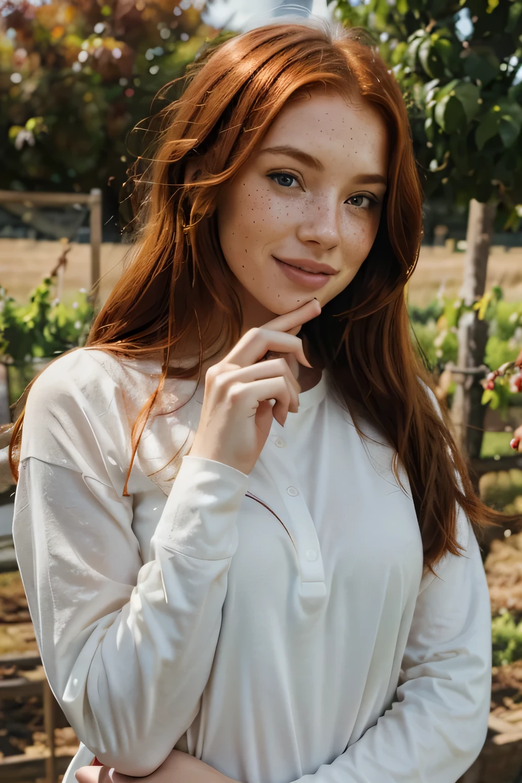 full body picture of woman with long red hair, covering her mouth, one finger over her mouth, hushing someone, looking at the camera, covering her lips with a finger, pressing her singer over her lips at a vineyard and wine, fall, long sleeve shirt, fall clothes, with wine, drink, having fun, smiling , ginger hair with freckles, red hair and freckles, hint of freckles, very light freckles, woman with freckles, light cute freckles, elegant freckles, with freckles, light freckles, freckles, thin lustrous auburn hair, red hair and attractive features, cute freckles, ellie bamber, soft freckles, soft blue eyes.