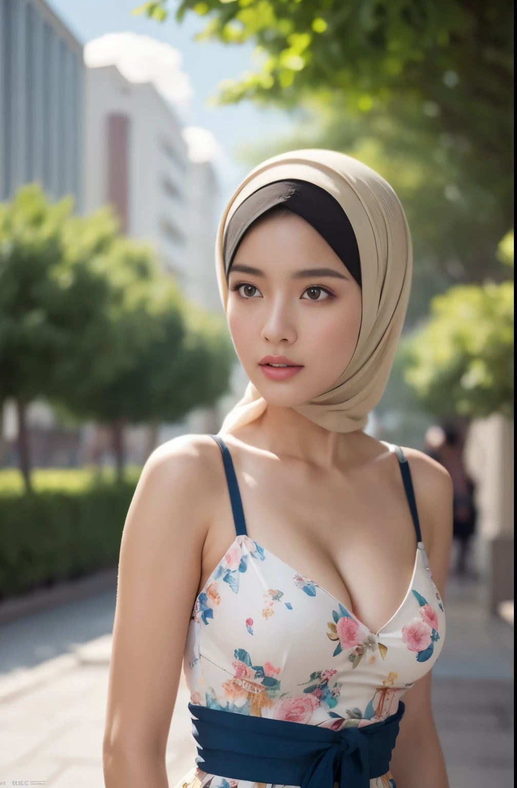 (Close-up of the painting style，Ultra HD 8K，Masterpiece grade CG wallpaper)，Cinematic lighting，cute girly，Delicate and beautiful face，Dreamy pupils，Wearing a small floral short summerdresound waist,hijabi,Bust poem,Sit，Cloudy background,the trees,florals,夏天,Chinese style buildings, cleavage, magical