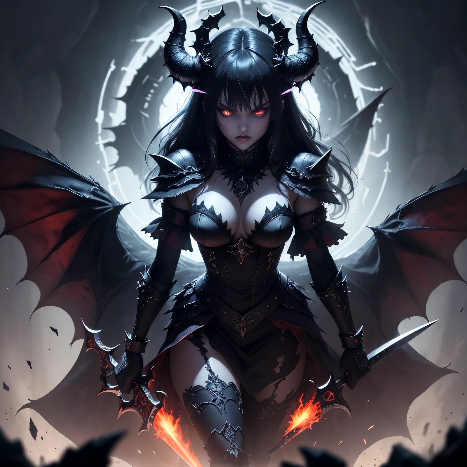 Bestial demon wields a sinister blade, correntes ensanguentadas, ossos Behemoth, Serpentine tentacles, cruel teeth, expression of insanity, oppressive dungeon. 8k vision reveals horrors, detalhes ultra HD mostram a monstruosidade, grotesque shadows dance, criaturas sussurram, atmosfera sufocante, tormento visual, visible insanity. The Blade, Glistening with flashes of malevolence, reflete (raios luminosos) that cross the darkness, desvendando (vivid details) and adding a dazzling dimension to the impending chaos.