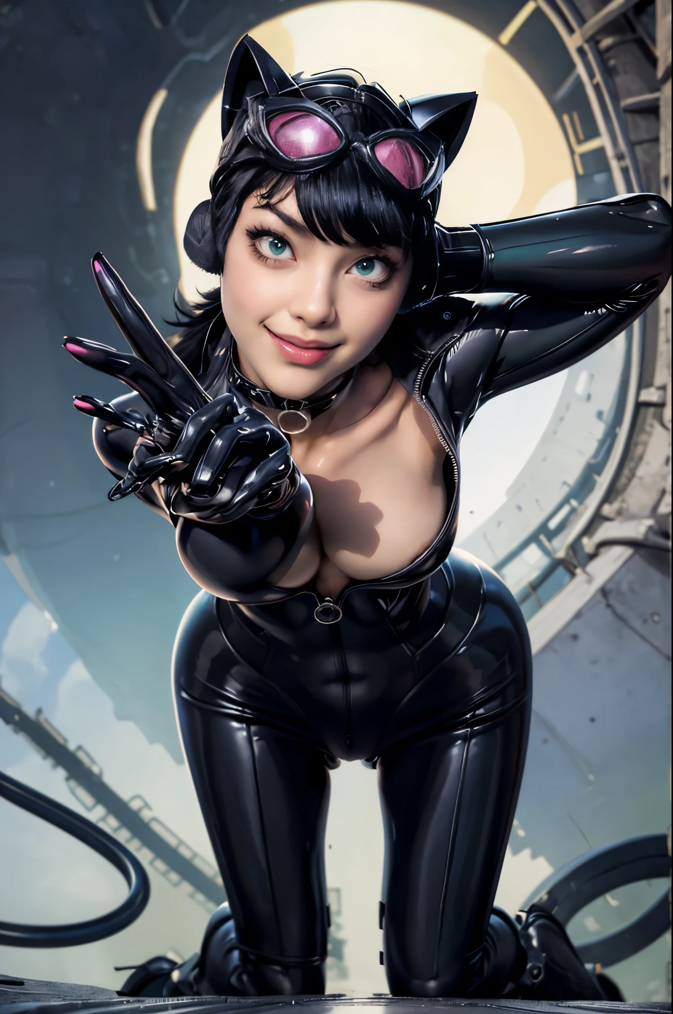 (masterpiece, best quality:1.2),  catwoman, 1girl, solo, breasts, looking at viewer, sinister smile,  (cat ears, goggles, goggles on head), huge breasts, navel, open clothes, black bodysuit, night, center opening, unzipped, open bodysuit, green eyes, blurry background, exposed breasts, breast focus, perfect hands, perfect fingers, on all fours, crawling towards viewer.