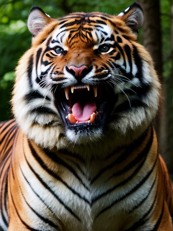 a tiger looking with mouth open,beautiful detailed eyes,sharp teeth,ferocious expression,striking pose,strong muscles,thick fur,forest background,sunlight streaming through trees,medium:oil paint,highres,(realistic:1.37),detailed texture,expressive brushstrokes,vivid colors,warm color tones,dramatic lighting