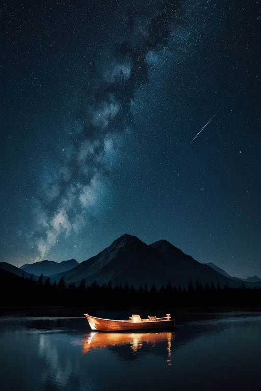 A small boat on a mountain and a river in the night sky Ink painting