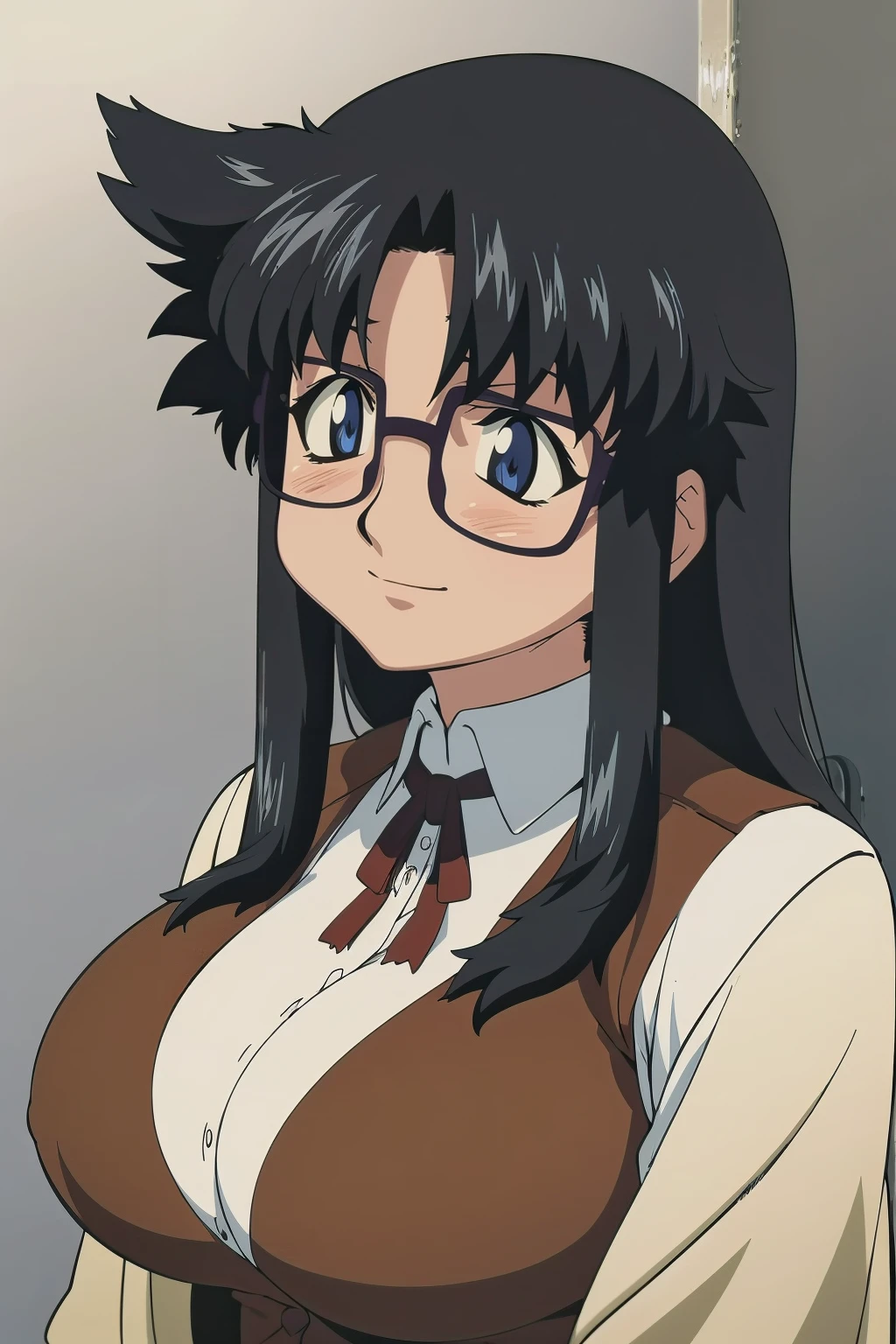 YR, 1girl, solo, upper body, portrait, sticker blush, smile, looking at viewer, glasses, long skirt, coat, vest, ribbon, long sleeves, messy hair, fine detail, perfect quality, good quality, masterpiece, HDR, UHD full body, refsheet, flipflops, huge breast,