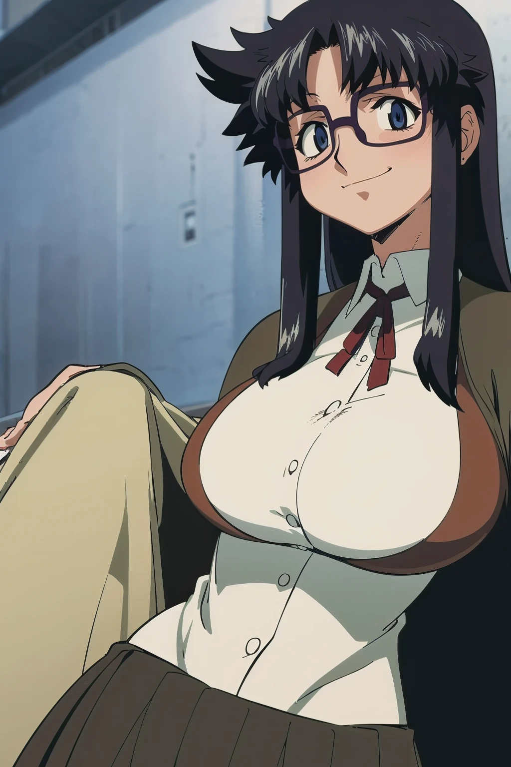 YR, 1girl, solo, upper body, portrait, sticker blush, smile, looking at viewer, glasses, long skirt, coat, vest, ribbon, long sleeves, messy hair, fine detail, perfect quality, good quality, masterpiece, HDR, UHD full body, refsheet, flipflops, huge breast,