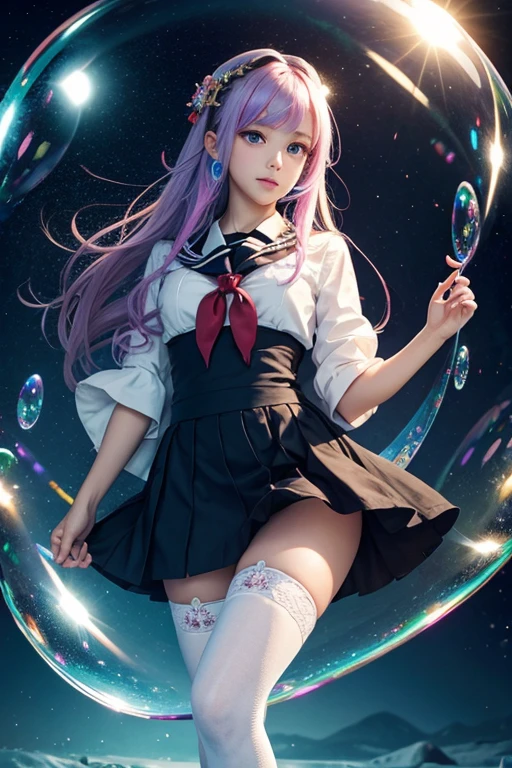 (masterpiece), (best quality), (official art, extremely detailed CG unity 8k wallpaper), (highly detailed), ((absurdres)), 1girl, mid shot, (exquisite facial features),(serafuku:1.3) ((sfw)),((clear hands)), ((white thighhighs without shoes)),aqua eyes, color contact lenses, stars in the eyes, (((colorful bubble))), colourful glass, (album cover)