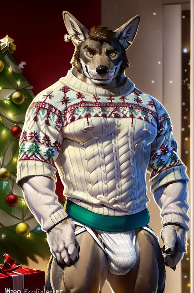 (solo:1.9) muscular anthro coyote william adler, (standing, presenting crotch for the viewer:1.9). 4k, high resolution, best quality, posted on e621, solo, anthro body, anthro william adler, black and tan body,older male, male, masculine, (very muscular, thick build, pectorals:1.2), correct anatomy, (living room background, christmas, evening), (by wfa:1.0), (by Taran Fiddler, by negger:1.0),(chrismas sweaters, jockstrap, crotch bulge:1.3), (detailed eyes), sexy, smile, shiny muscles, strong shadows, confident, seductive, flirting, half-body shot, photorealistic fur