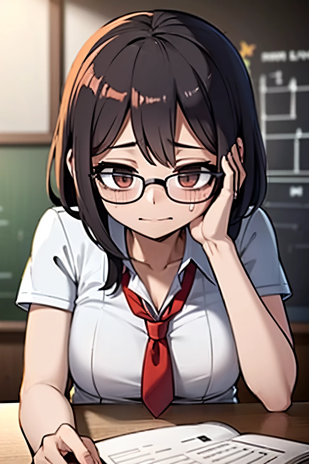 (HD Quallity), (Pretty detailed), thick body, mature woman, teacher, school class, glassess, (embarrassed face)