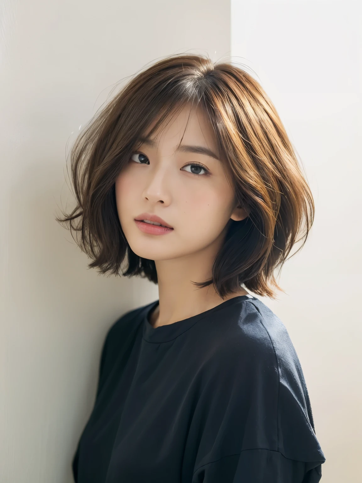 (Layered Haircut:1.2))、short wavy hair、8K、(Raw photography)、(top-quality)、(フォトreallistic:1.4)Realistic to the touch Realistic、(4Khigh-level image quality:1.2)、(High resolution, masutepiece, top-qualityの, high detailing, Official: 1.4), (Realistic: 1.2, ハイパーreallistic: 1.1, フォトreallisticです: 1.37), depth of fields, (Detailed description of hair), (Detailed description of face), Incomparable beauty,, (35 years old,: 1.4)、slightly depressed、white walls、Taken in front of the white door、(窓のあるwhite wallsの部屋)、natural soft light、short-hair、bobhairhair、reallistic、high-level image quality、hiquality、profile、Poses variadas、profile、bobhair、Random Poses、Autumn clothes、Winter clothes、Simple Necklace