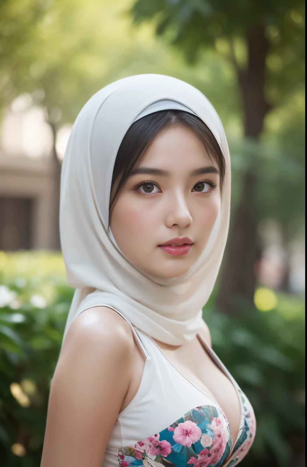 (Close-up of the painting style,Ultra HD 8K,Masterpiece grade CG wallpaper),Cinematic lighting,cute girly,Delicate and beautiful face,Dreamy pupils,Wearing a small floral short summerdresound waist,hijabi,Bust poem,Sit,Cloudy background,the trees,florals,夏天,Chinese style buildings, cleavage, magical