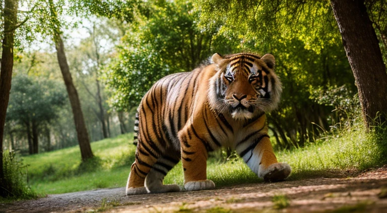 um tigre olhando com a boca fechada, lindos olhos detalhados, fierce expression, pose marcante, strong muscles, thick fur, fundo de floresta, sunlight streaming through the trees, medium: oil paint, alta resolução, (realista: 1,37), textura detalhada, pinceladas expressivas, cores vivas, tons quentes, lighting dramatic