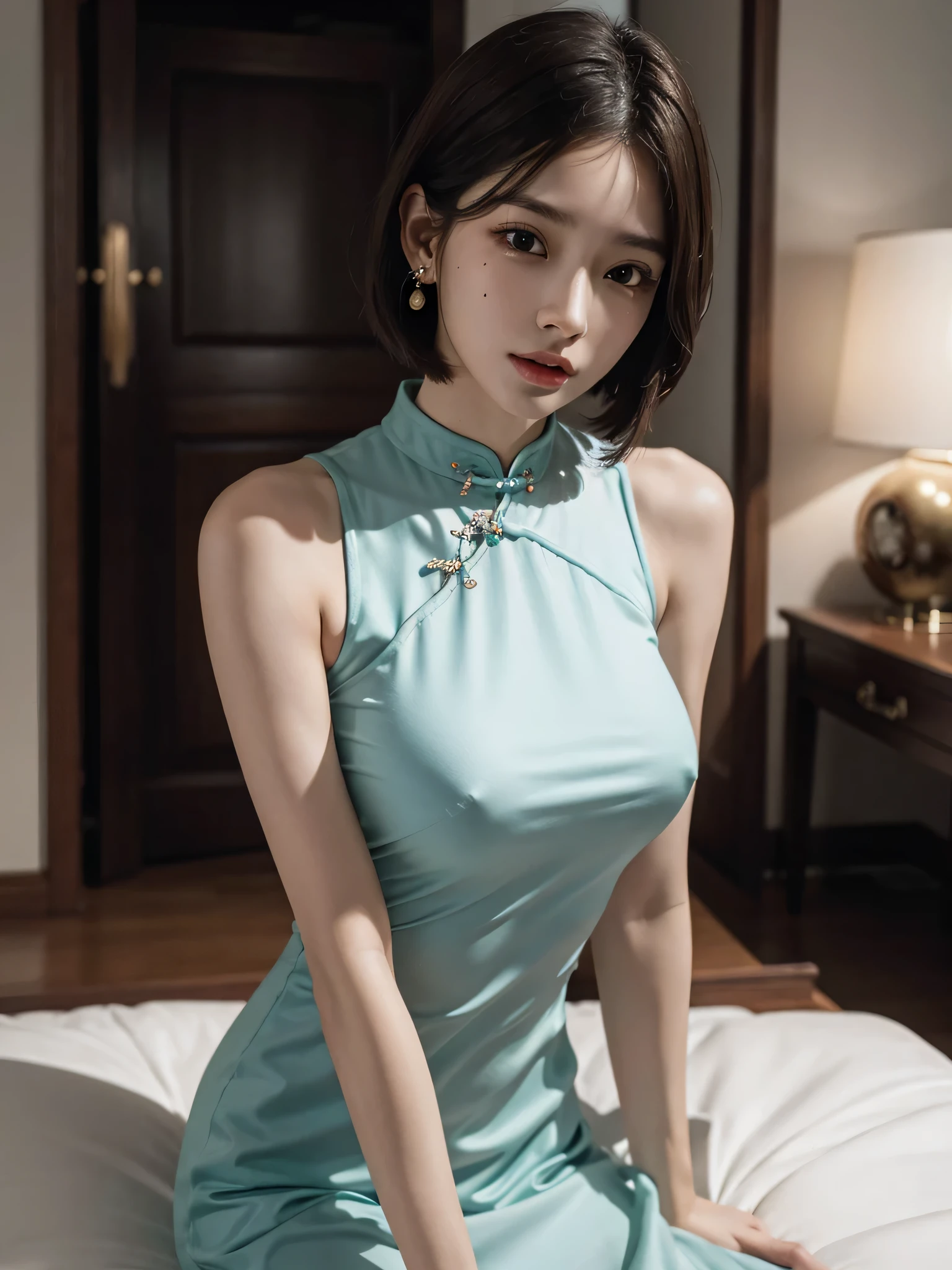 absurderes, Raw photo, Extremely delicate and beautiful, masutepiece, Best Quality, Ultra High Resolution, 16 K, hyper realisitic, Ultra-detailed, Perfect Anatomy, Ultra-detailed細なスキン, Perfect figure, Very detailed CG 8k wallpaper, in her 20s, Very slim body, Narrow waist, Very small head, Very small face, Very detailed face, Very detailed eyes, tear moles, Earring, thin legs, ((very massive round chest)), 1 rapariga, ((Full body shot)), Bare legs, Short hair, Wavy Hair, light brown hair, ((Cheongsam)),