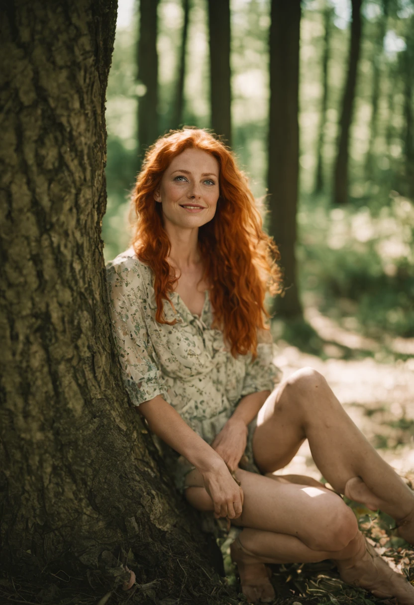 red haired woman with green eyes, freckles, looking sensual, smiling warmly, natural beauty, toplefull length body shot, leaning against a tree in a wooded area on a sunny day shot on Kodak Gold 400