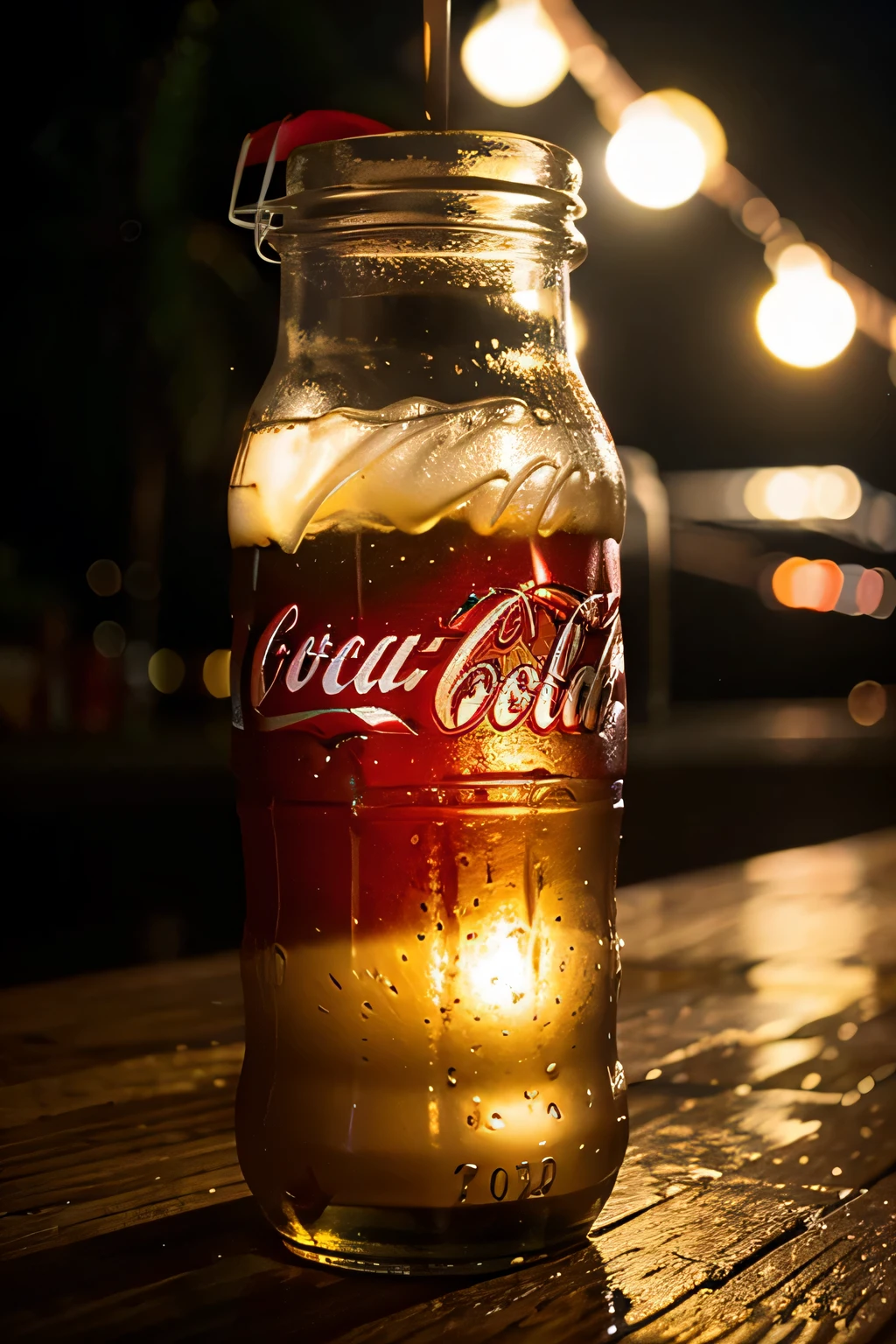garrafa de coca cola iluminada na praia