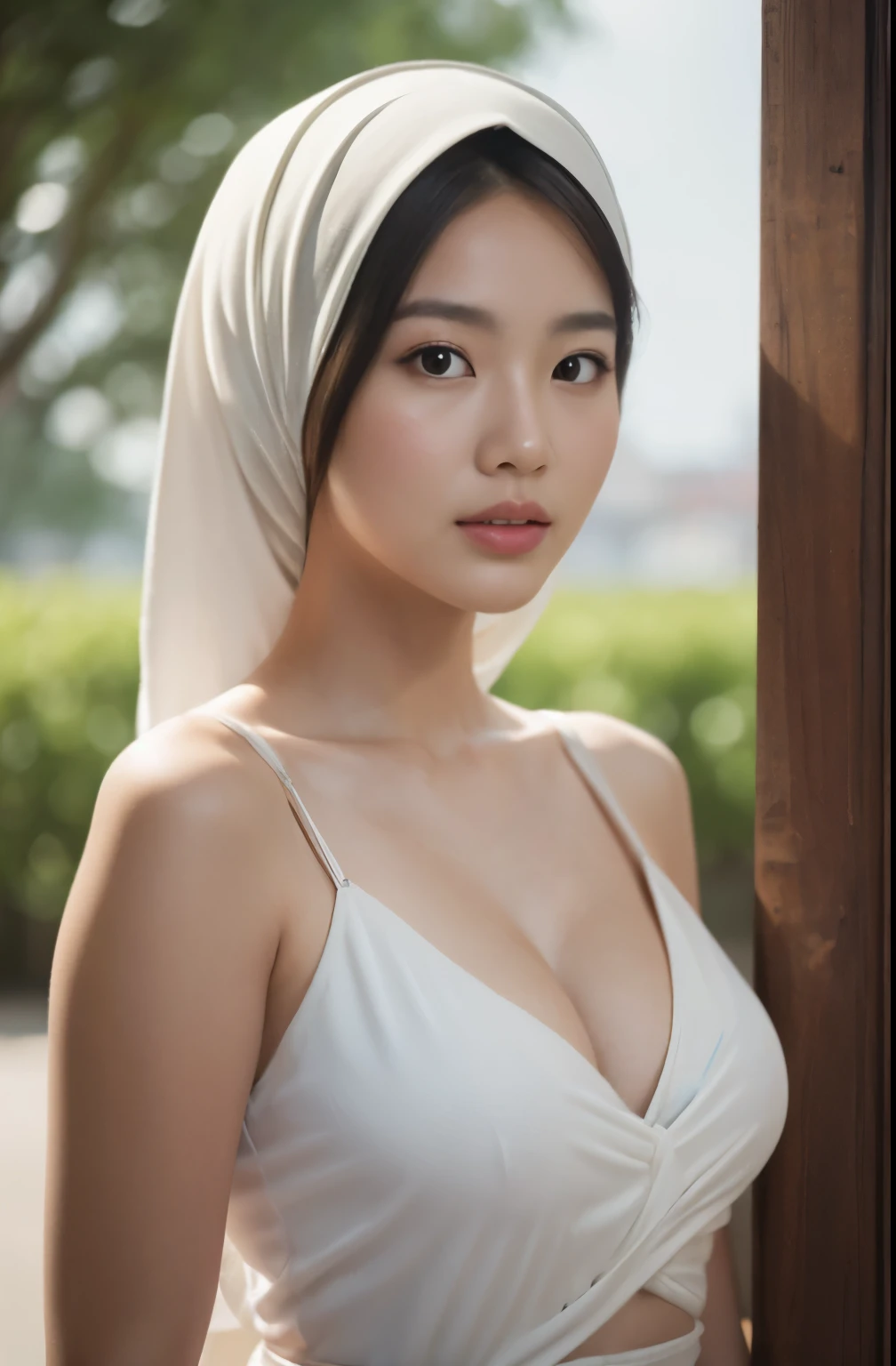 RAW, Best quality, high resolution, masterpiece: 1.3), beautiful Indonesian  queen in hijab showing cleavage (red nipples), completely naked, thighs raised, vagina clearly visible (watery blush),Masterpiece, Soft smile, necklace, full body.