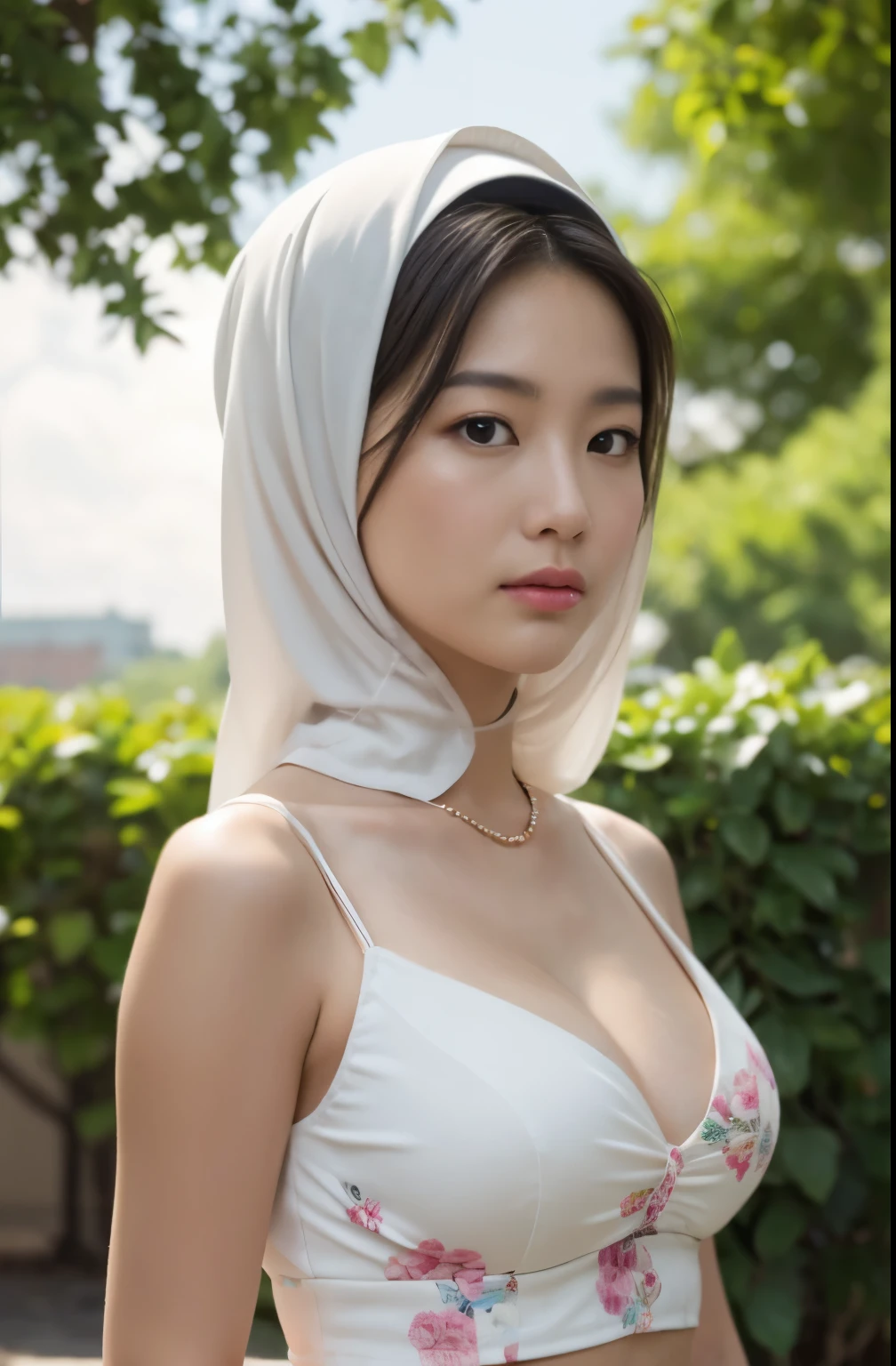 (soyou 0.8), (Close-up of the painting style,Ultra HD 8K,Masterpiece grade CG wallpaper),Cinematic lighting,cute girly,Delicate and beautiful face,Dreamy pupils,Wearing a small floral short summerdresound waist,hijabi,Bust poem,Sit,Cloudy background,the trees,florals,夏天,Chinese style buildings, cleavage, magical