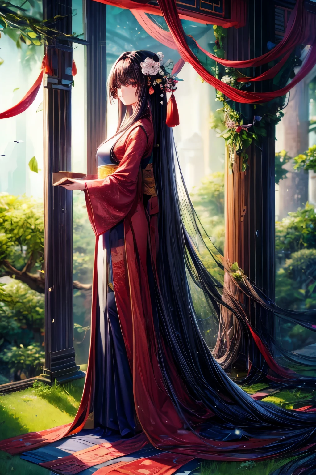 , 1girl, long hair, solo, black hair, hair ornament, flower, very long hair, hair flower, absurdly long hair, tree, wide sleeves, full body, sash, chinese dress, hanfu, bird, long sleeves, tree