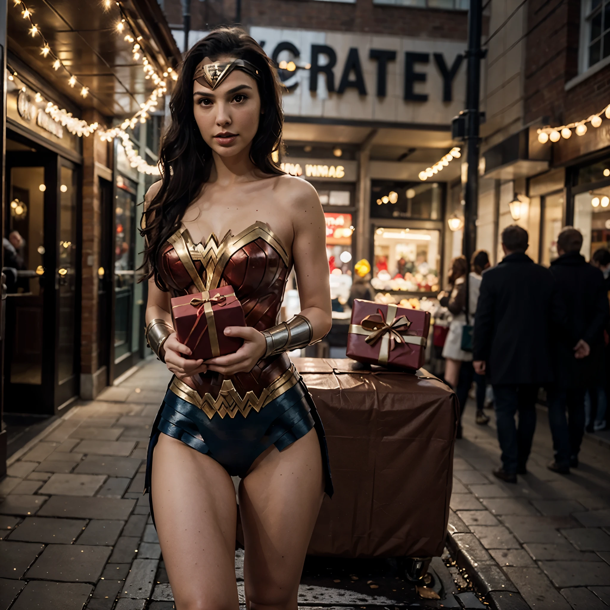 Wonder woman, gal gadot, Christmas Version uniform, Classic Christian postcard, Delivering a gift package, city with Christmas light blurred background, 8k, RAW, ultra realistic