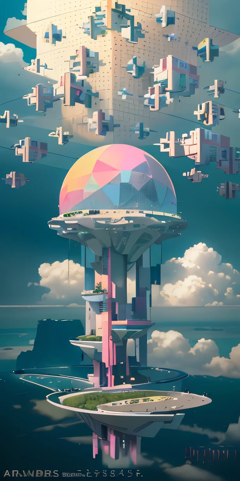 There are many pink cubes flying around a tower in the sky, 3d rendering bee, in the art style of filip hodas, futuristic tower, Bee style, arstation and beeple height, A city floating in the clouds, A city floating in the air, futuristic outpost building, Inspired by bees, surreal sci fi set design,There is a sense of future technology,Colors based on cyberpunk style