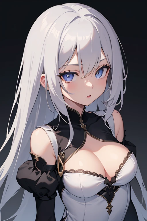 1girl, anime, cute girl, blank background, white background, fantasy, detailed dark fantasy dress with highlights, beautiful face, beautiful eyes, dark colors, silver hair, slightly small breasts, slight cleavage, beautiful skin, cute, breast curtains, extremely delicate and beautiful, (beautiful detailed face:1.0), (detailed deep eyes), symmetrical breasts, deep eyes, shiny skin, portrait, slender waist, hips wider than shoulders, thighs, young girl, expressionless