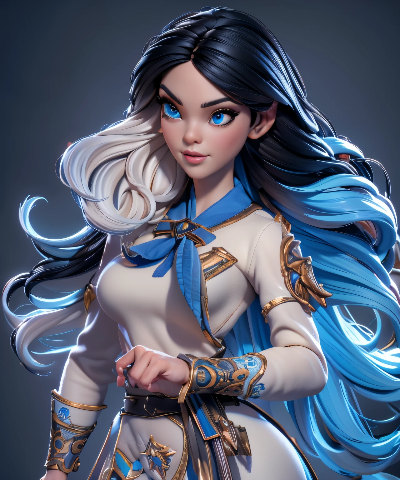 full body woman,(best quality,4k,highres,masterpiece:1.2),ultra-detailed,3d render style,photorealistic:1.37,extremely detailed eyes,extremely detailed face,beautiful detailed lips,long eyelashes,long black hair with a blue ribbon,beautiful armor dress,girl holding a sword,sharp focus,studio lighting,vivid colors