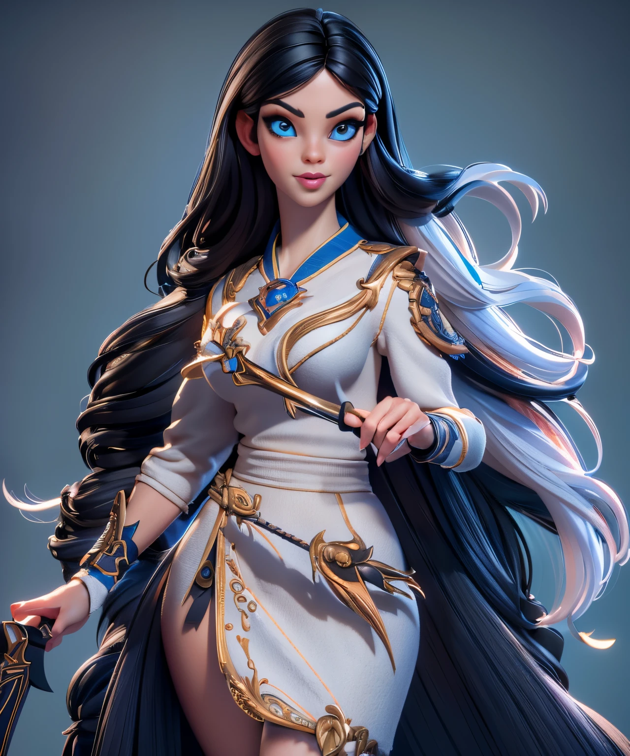 full body woman,(best quality,4k,highres,masterpiece:1.2),ultra-detailed,3d render style,photorealistic:1.37,extremely detailed eyes,extremely detailed face,beautiful detailed lips,long eyelashes,long black hair with a blue ribbon,beautiful armor dress,girl holding a sword,sharp focus,studio lighting,vivid colors