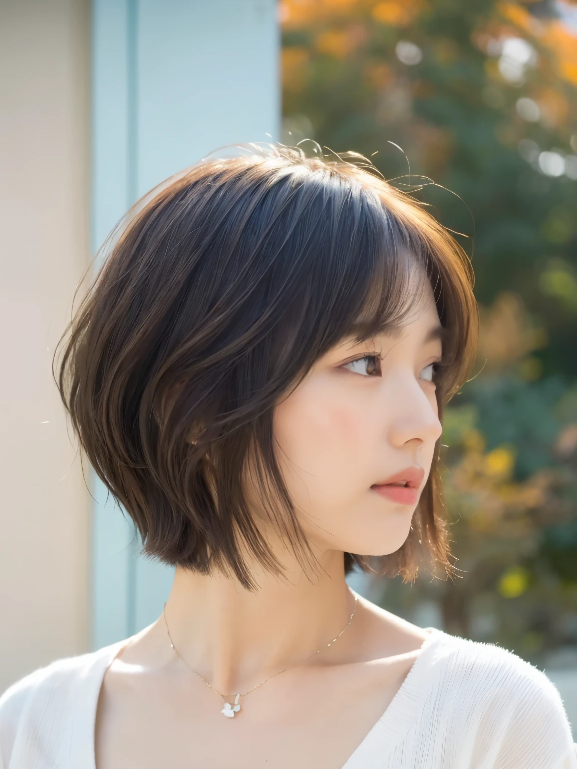 (Layered Haircut:1.2))、short wavy hair、8K、(Raw photography)、(top-quality)、(フォトreallistic:1.4)Realistic to the touch Realistic、(4Khigh-level image quality:1.2)、(High resolution, masutepiece, top-qualityの, high detailing, Official: 1.4), (Realistic: 1.2, ハイパーreallistic: 1.1, フォトreallisticです: 1.37), depth of fields, (Detailed description of hair), (Detailed description of face), Incomparable beauty,, (35 years old,: 1.4)、slightly depressed、white walls、Taken in front of the white door、(窓のあるwhite wallsの部屋)、natural soft light、short-hair、bobhairhair、reallistic、high-level image quality、hiquality、profile、Poses variadas、profile、bobhair、Random Poses、Autumn clothes、Winter clothes、 Necklace