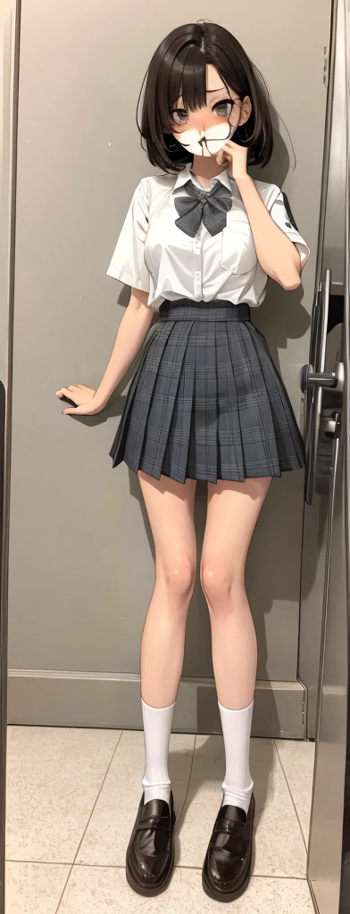 Best Quality、(masutepiece:1.2)、Illustration、absurderes,、(1girl in)、(Solo)、(Beautiful detailed girl)、(Full body, Portrait)、Haruka Hirose、left 4 dead arcade、Japan schoolgirl、a short bob、Brown hair、Black eye、middlebreasts、White short-sleeved shirt、Gray bow tie、plaid skirts、Grey pleated skirt、White High Socks、Brown leather shoes、lowfers、JK Uniform、frayed uniform、Cute High School Girl、Anxious face、visual novel sprite、Ruined city、Spread legs