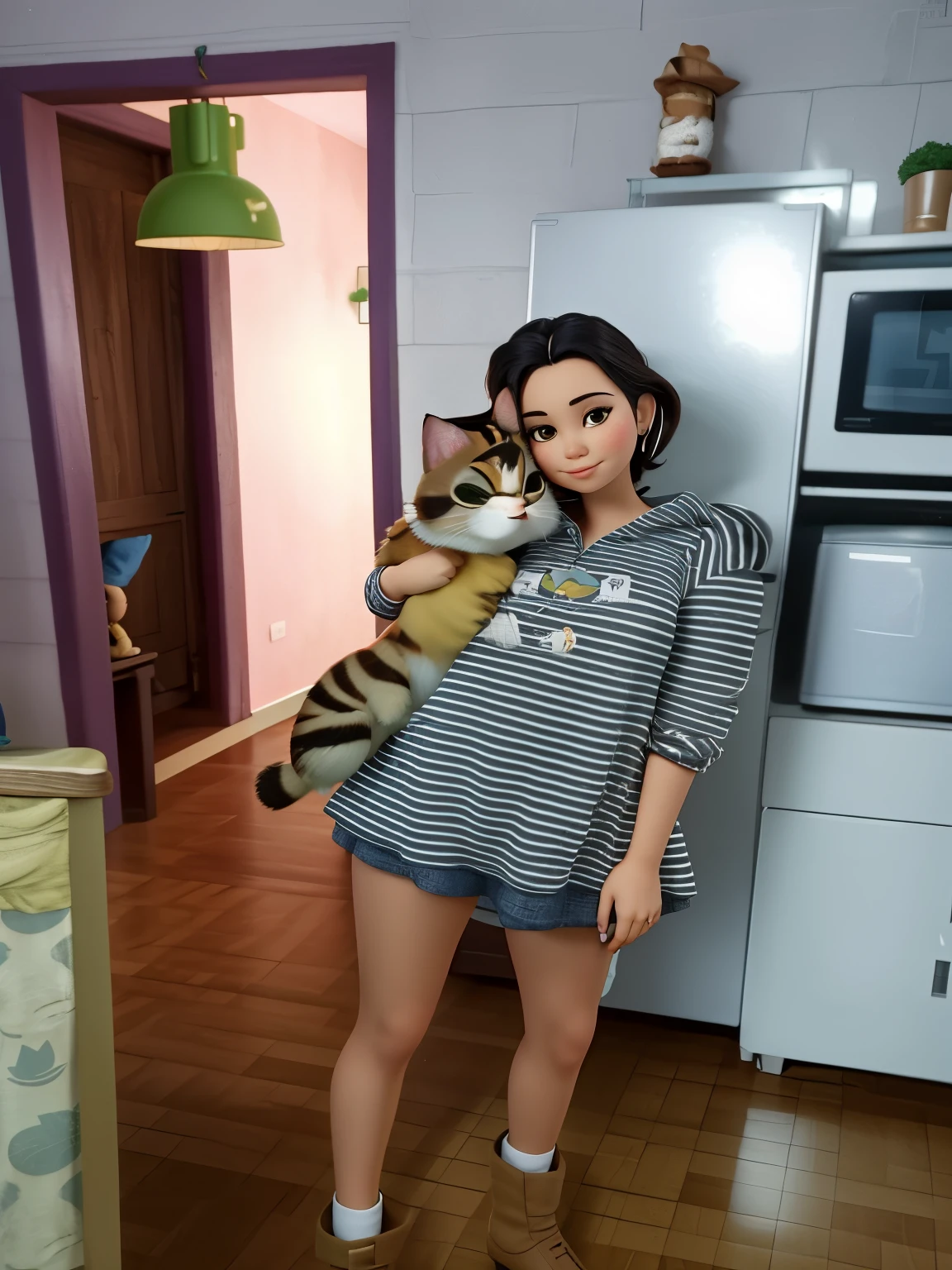 there is a ão Mulher holding a Gato in her arms in a kitchen, big cheeks holding her Gato, she is holding a Gato in her arms, there is a Gato next to her, ão Mulher / Gato hybrid, with Gatos on her side, holding a Gato, !!!! Gato!!!!, Direção: Nándor Katona, ão Mulher and Gato, with small Gato on lap