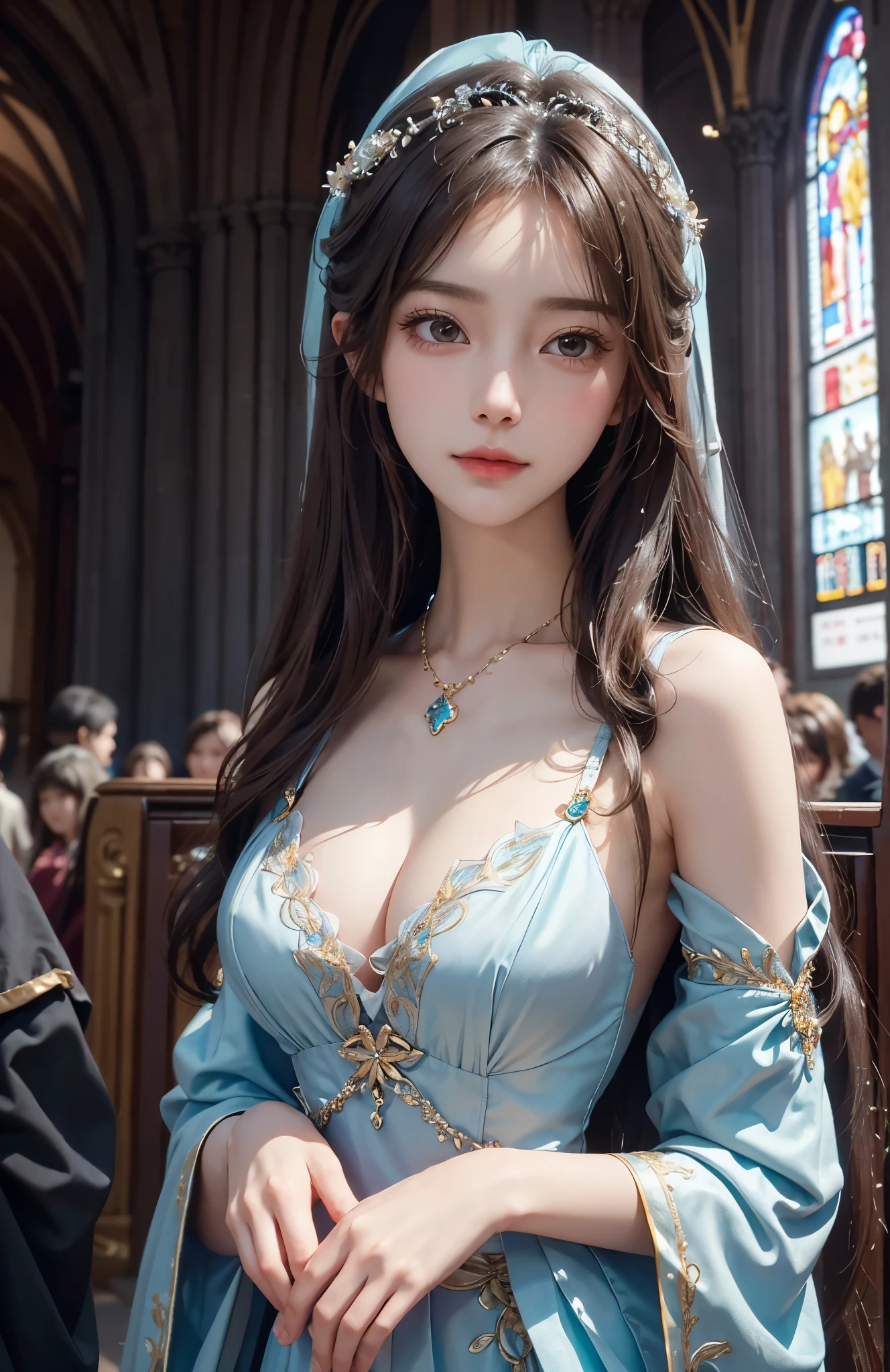 8k RAW photo、Photorealsitic、Film grain noise、Soft Cinematic Lights、One girl、A slender、Fine detailed face、length hair、beautiful hair decoration、Beautiful necklaces、耳环、Graceful pose、Ornate and elaborately decorated costumes、cleavage of the breast、ssmile、At the church