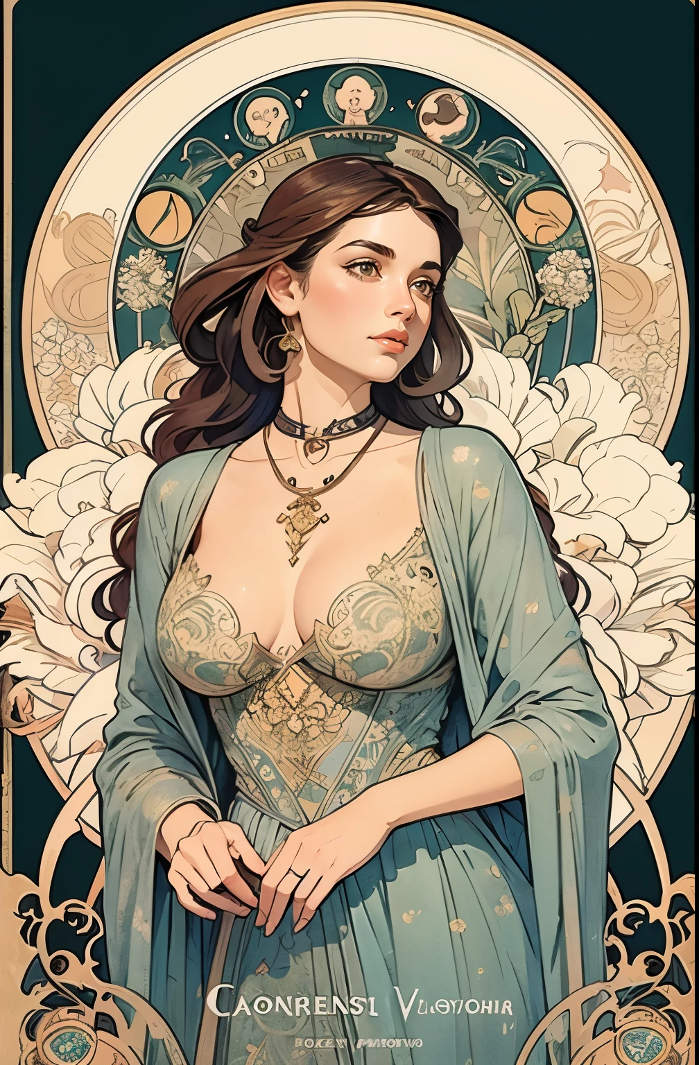 ((masterpiece)), (best quality), (cinematic),  art nouveau style watercolor painting , the Goddess of the Moon , large breasts, big eyes, long thick eyelashes, cleavage, full lips, dark red eyes, long thick hair,  high ponytail, accessories, flower_background, featuring intricate designs and patterns in the style of Alphonse Mucha.