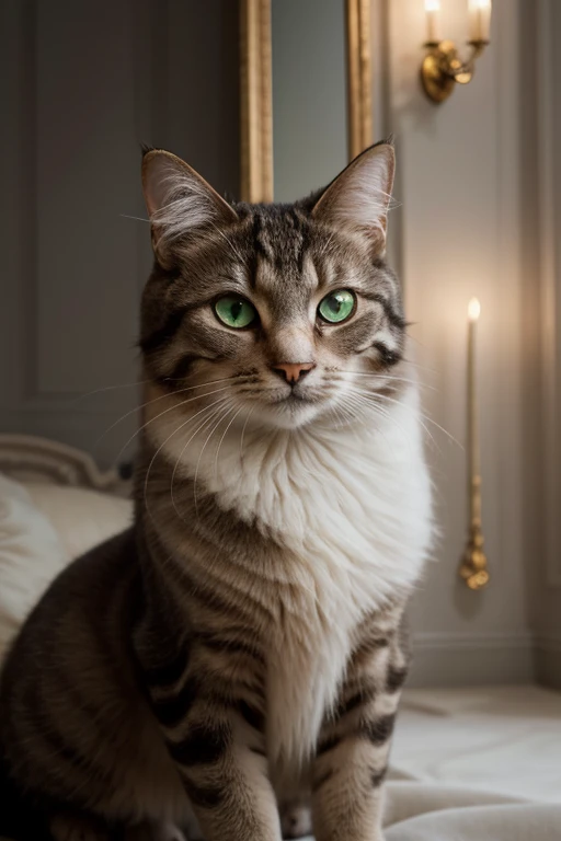 (best quality,4k,8k,highres,masterpiece:1.2),ultra-detailed,(realistic,photorealistic,photo-realistic:1.37),portrait,European shorthair cat,emerald green eyes,elegant and well-groomed fur,sharp focus,soft lighting,detailed whiskers,intense stare,proud and confident expression,shades of gray and white,vibrant colors,delicate brushstrokes,highlighted textures,captivating gaze,serene and calm atmosphere,intimate and personal perspective,subtle play of light and shadow,finely captured details,subtle gradation in the background,subtle hint of motion in the fur,refined features,graceful pose,serene and dignified presence,meticulously rendered,depth and richness in the fur,emotive and captivating,transcends reality,classic and timeless beauty,subtle touch of warmth and depth,impeccable craftsmanship,exquisite and sophisticated,charming and expressive,attention to every fine detail,dreamlike ambiance,serene and tranquil,mesmerizing and enchanting,subtle color palette,ethereal and delicate,regal and majestic,imposing and imposing presence,enchanted and ethereal