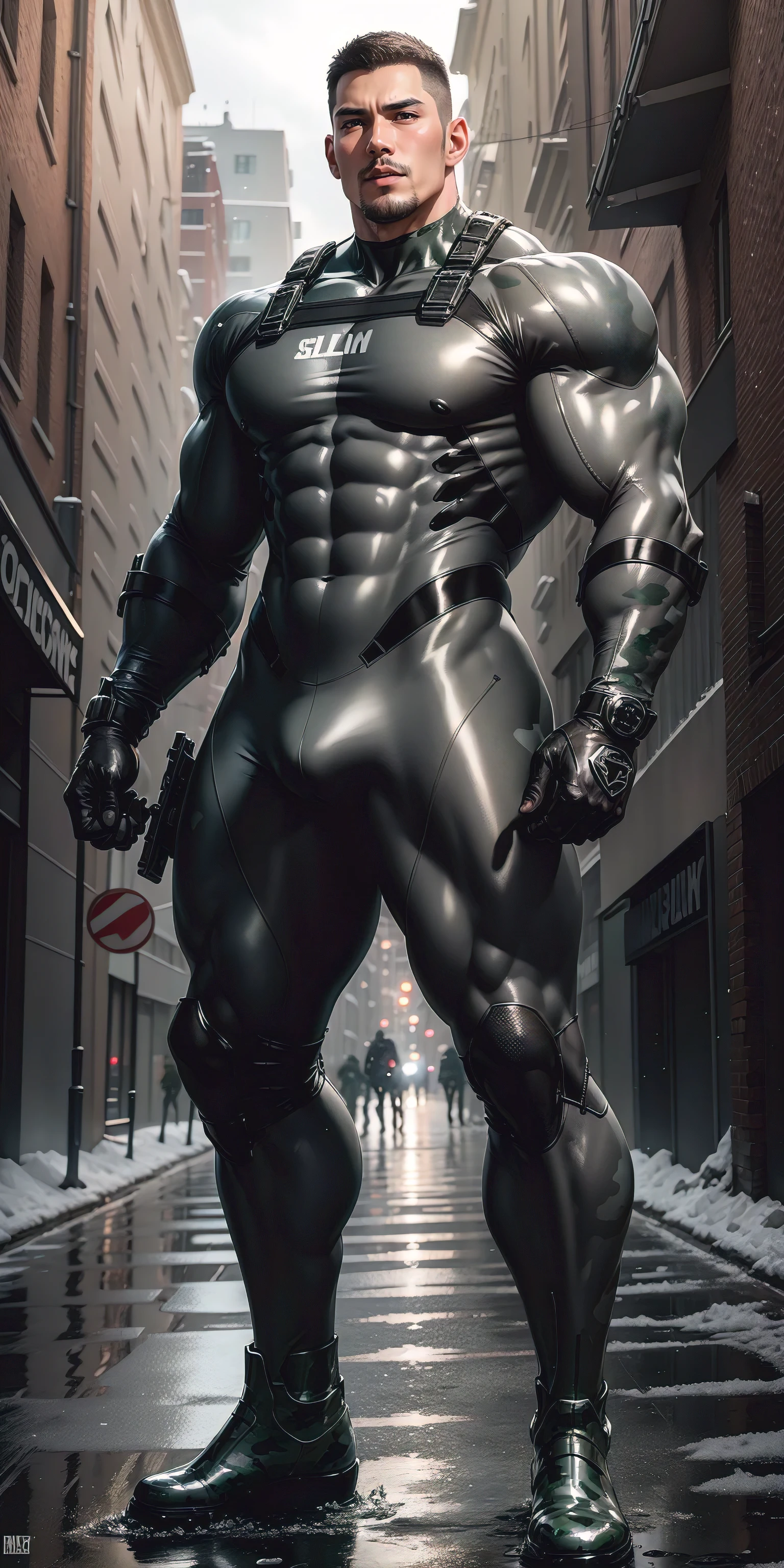 tall, humongous large breast, Muscular man shouting with his mouth open，Light gray camouflage uniform，character  design（Resident Evil - Chris Redfield，Chris Redfield）Wearing a shiny light gray camouflage wetsuit，High leather texture，Regular symmetrical texture pattern，Standing on Slime Street, A lot of silty silt，expression sad，Deep and charming eyes，The hero with emerald pupils，heroic masculine pose，tall and burly，musculous！Charming leg muscles，tall, Burly, and strong， Wearing a shiny light gray camouflage wetsuit， Super gain and cool， commission for high resolution， Big feet in black boots，Charming strong man，Bright sunlight shines on the body，Reflective and shiny