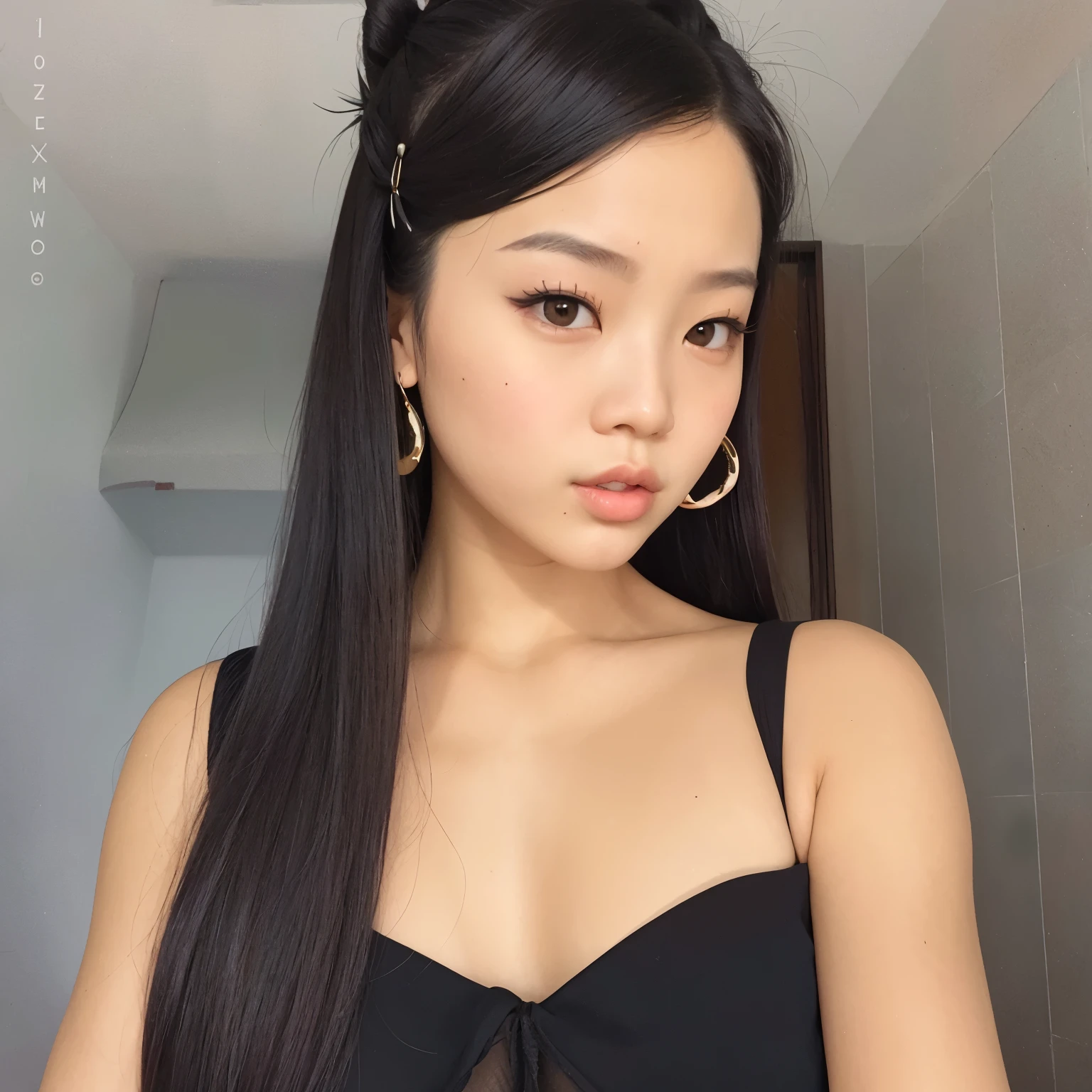um close up de uma mulher com longos cabelos pretos usando um vestido preto, Asian girl com cabelos longos, beautiful Asian girl, penteado liso, Ulzzang, coreana, com cabelos longos, com cabelo preto liso, Asian girl, Mulher sul-coreana bonita, asian features, young Asian girl, young cute wan asian face, preto hime corte cabelo, jennie blackpink
