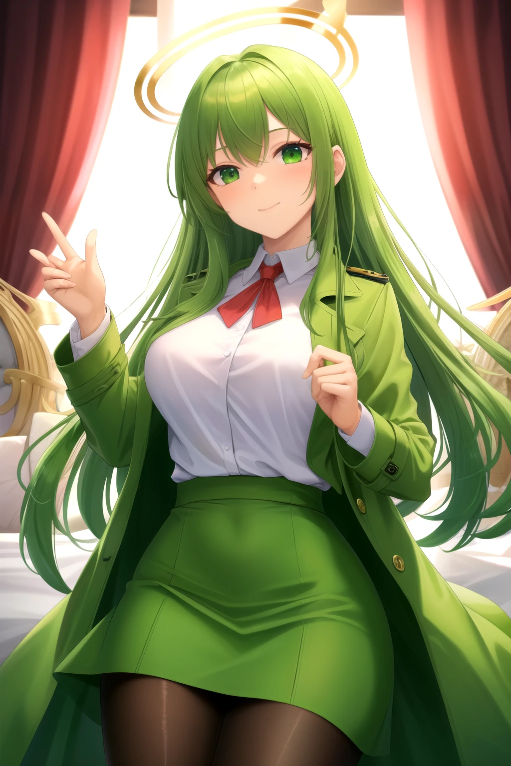 ((Best quality at best)), ((tmasterpiece)), s the perfect face，Green hair，golden halo，Green trench coat，（green pantyhose），（Green dress），tightsuit，（A girl），（（All ages））